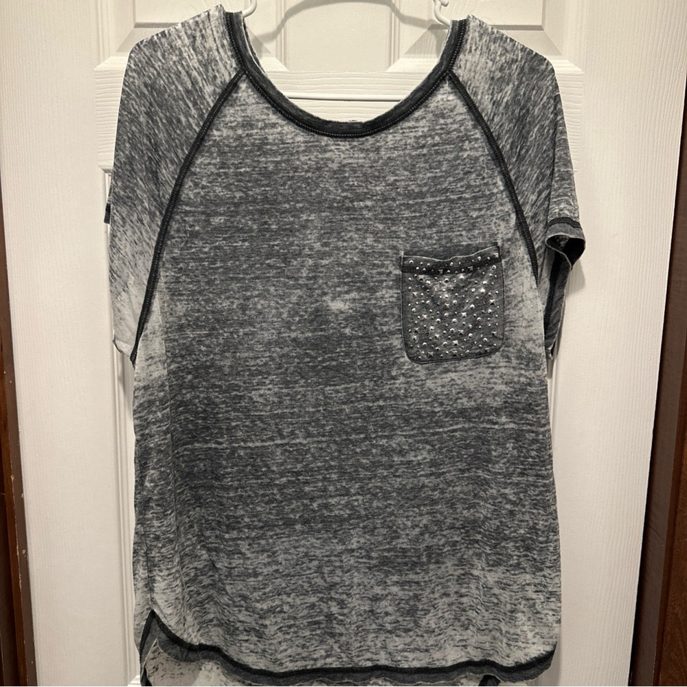 Gray Women's Top with Pocket Detail seven 7 sequin sheer